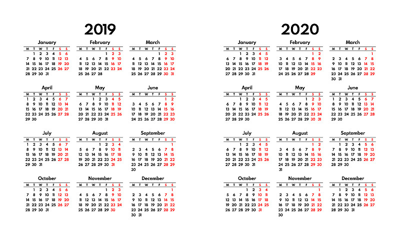 日历,2020,简单,星期一,2019,格子,数字2,开端,周末活动,商务