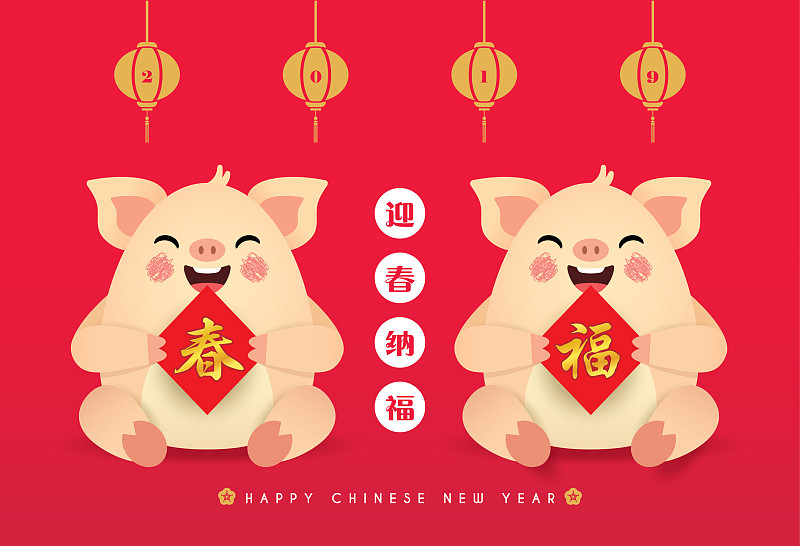 猪,春天,卡通,猪年,2019,中国对联,运气,春节,可爱的,传统