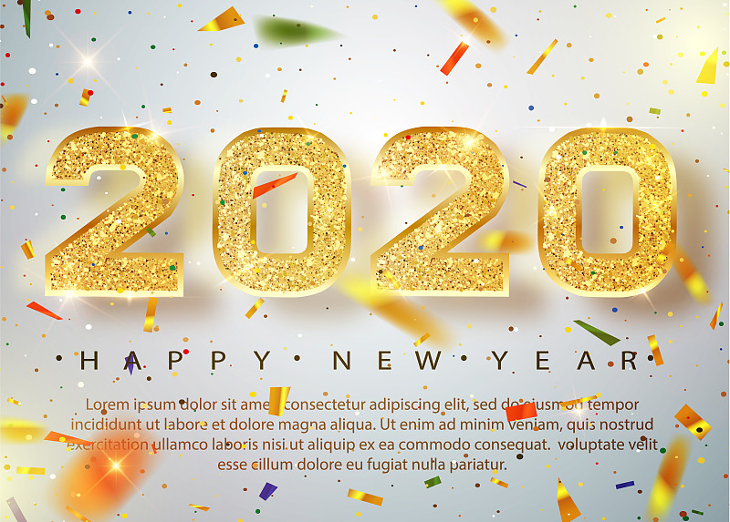 2020,贺卡,新年前夕,闪亮的,黄金,五彩纸屑,矢量,数字,设计
