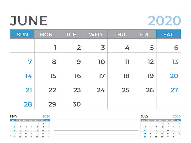 2020,模板,矢量,六月,日历,星期,开端,静止的,星期日,设计