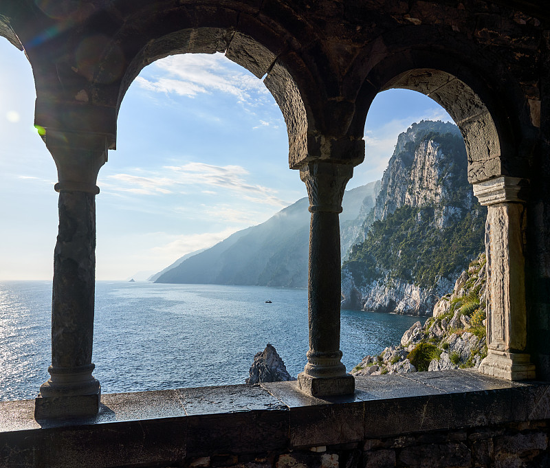 海岸线,意大利,利古里亚大区,韦内雷港,拱门,在之后,边框,窗户,地中海,夏天
