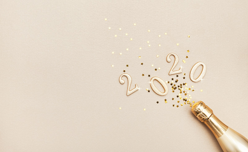 2020,新年前夕,瓶子,平铺,星形,创造力,五彩纸屑,香槟,金色