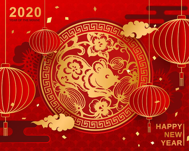 2020,灯笼,春节,新年前夕,运气,老鼠,状态良好,红色背景,花