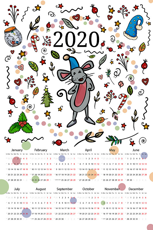 2020,高雅,符号,矢量,老鼠,日历,新年前夕,绘画插图,卡通,乐趣