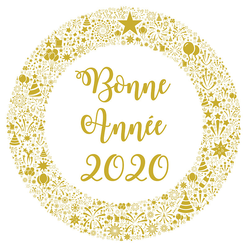 新年前夕,法语,2020,圆形,黄金,新的,幸福,图像,绘画插图,方形画幅