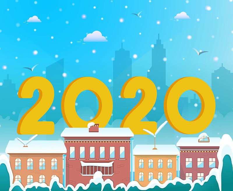 2020,贺卡,新年前夕,雪,背景,节日,绘画插图,城市,文字,黄金