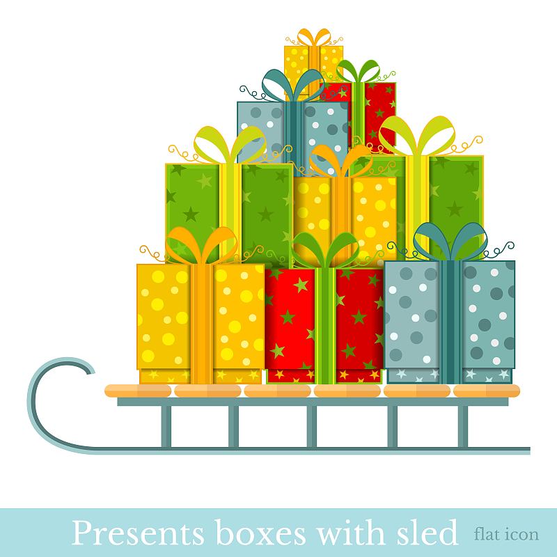 新年前夕,盒子,雪橇,礼物,白色,平坦的,分离着色,贺卡,背景分离,2015年