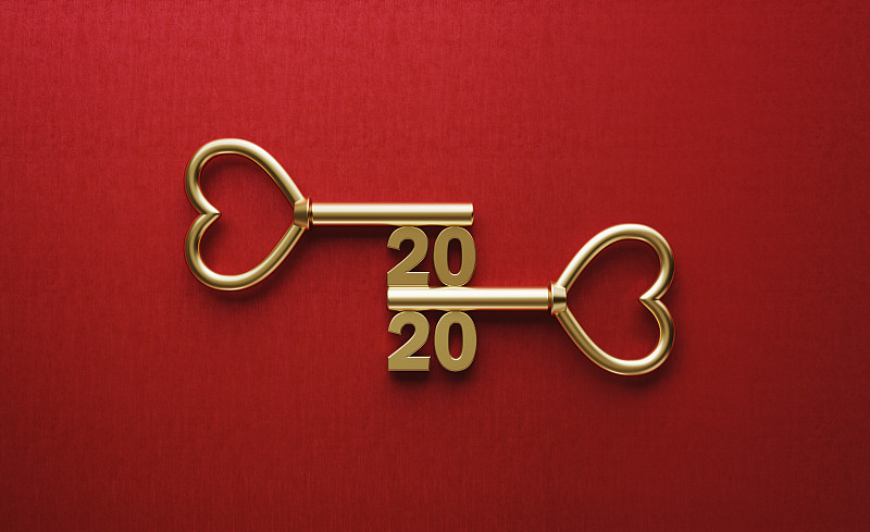2020,钥匙,黄金,心型,红色背景,房间钥匙,安全,易接近性,两个物体,新年前夕