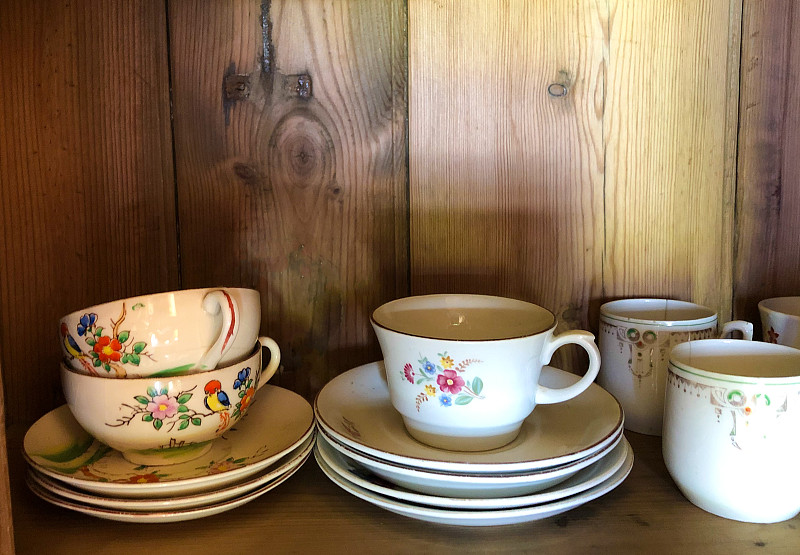 咖啡杯,乡村风格,木制,架子,可爱的,有序,杯,茶碟,复古风格,餐具