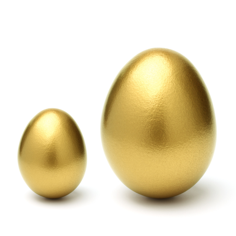 黄金,卵,巨大的,小的,白色背景,鸡蛋,金色,反差,生长,赚钱