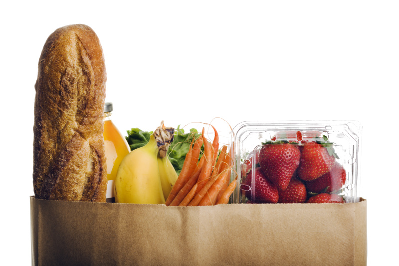 食品,清新,纸袋,食品杂货,健康食物,白色背景,超级市场,面包,商品,包装