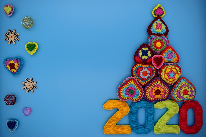 2020,新年前夕,圣诞树,机织织物,数字,动物心脏,蓝色背景,贺卡,圣诞装饰物,壁纸