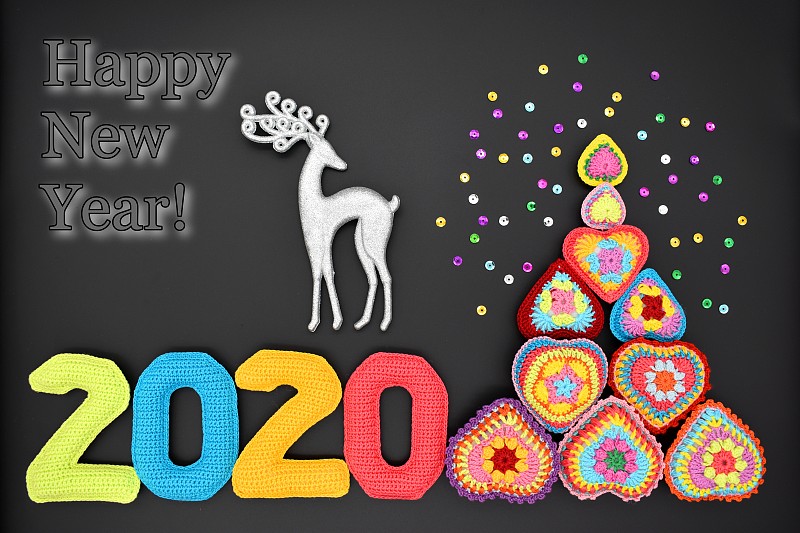 2020,新年前夕,圣诞树,数字,黑色背景,动物心脏,机织织物,贺卡,圣诞装饰物,壁纸
