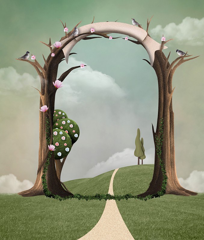 Welcome,spring,background,with,surreal,tree,and,blooming,flowers,–,3D,render