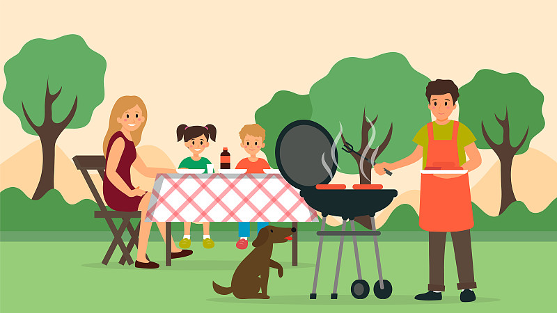 家庭,野餐,烤肉架,父亲,绘画插图,幸福,时间,矢量,后院,准备食物