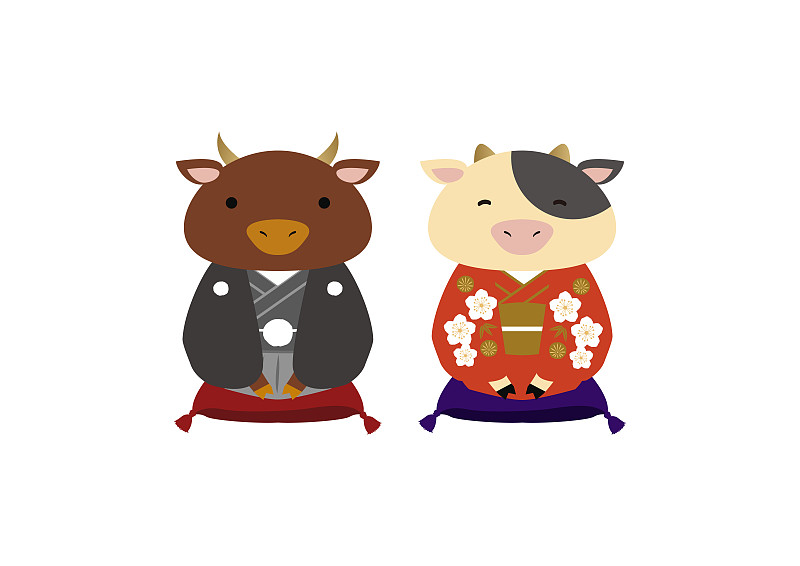 新年前夕,日本人,母牛,性格,矢量,部落艺术,公牛,剪贴画,可爱的,和服