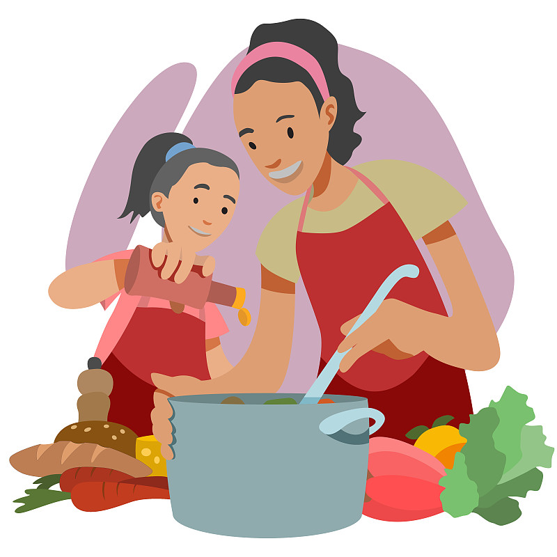 厨房,母女,女儿,蔬菜,独生子女家庭,家庭,母亲,食品,成分,女人