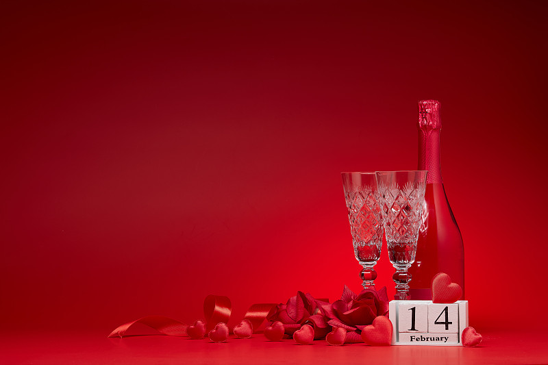 瓶子,情人节,丝绸,香槟,历日,留白,日历,红色背景,长笛,二月