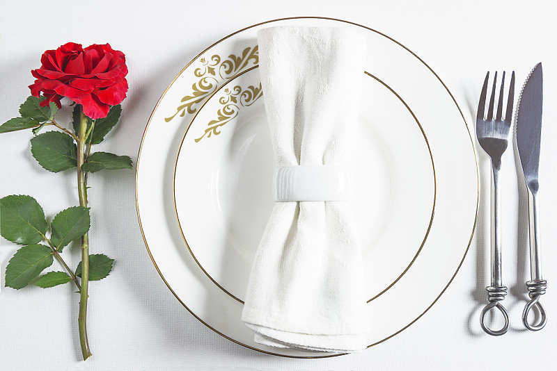 玫瑰,餐巾,情人节,白色,银餐具,晚餐,红色,盘子,餐位,花