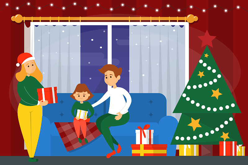 圣诞装饰物,家庭,起居室,丈夫,父母,母亲,父亲,女人,儿童,窗户