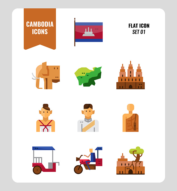 著名景点,绘画插图,人,图标集,计算机图标,柬埔寨,矢量,传统
