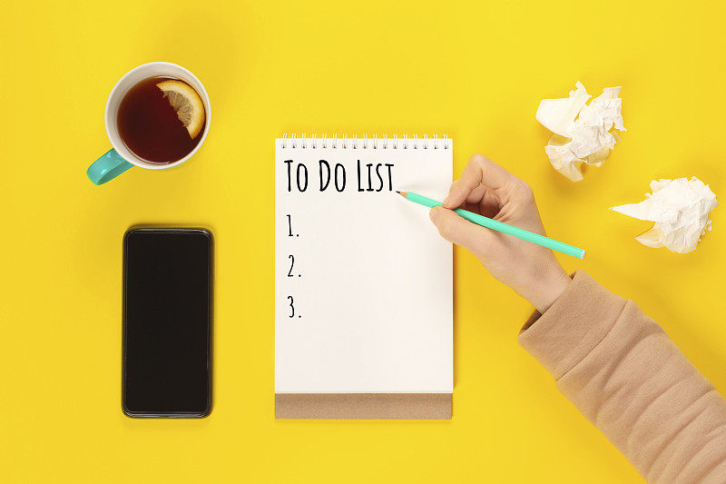 黄色,做计划,任务清单,书桌,笔记本,茶杯,概念,薄荷,明亮,设计