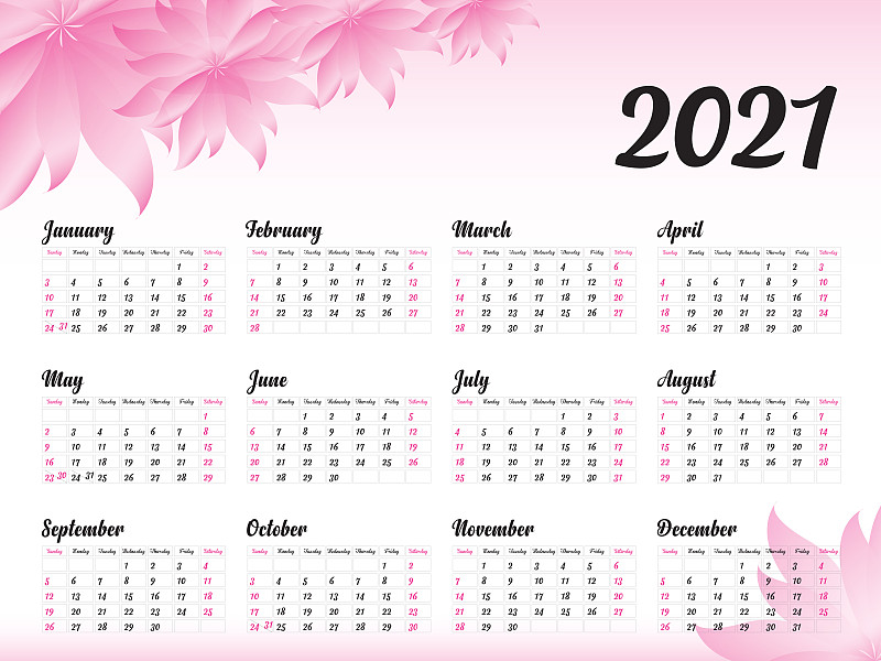简单,模板,矢量,日历,背景,2021,星期,花,设计,布置