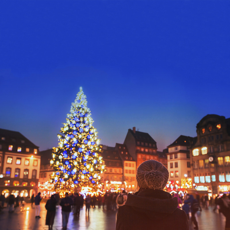 斯特拉斯堡,欧洲,圣诞市场,圣诞装饰物,法国,黄昏,广场,户外,圣诞树,看
