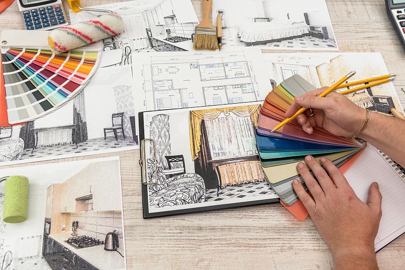 草图,公寓,彩色图片,新的,极简构图,设计师,专业人员,色板,蓝图,色彩鲜艳