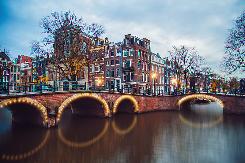 运河,夜晚,房屋,荷兰,桥,船,阿姆斯特丹,曙暮光,骑自行车,蓝色