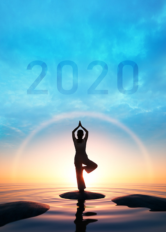 2020,瑜伽,海洋,活力,贺卡,平衡,禅宗,幸福,新年,自然