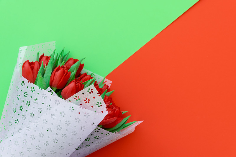 郁金香,平铺,生日,红色,母亲节,花束,有包装的,留白,概念,绿色背景