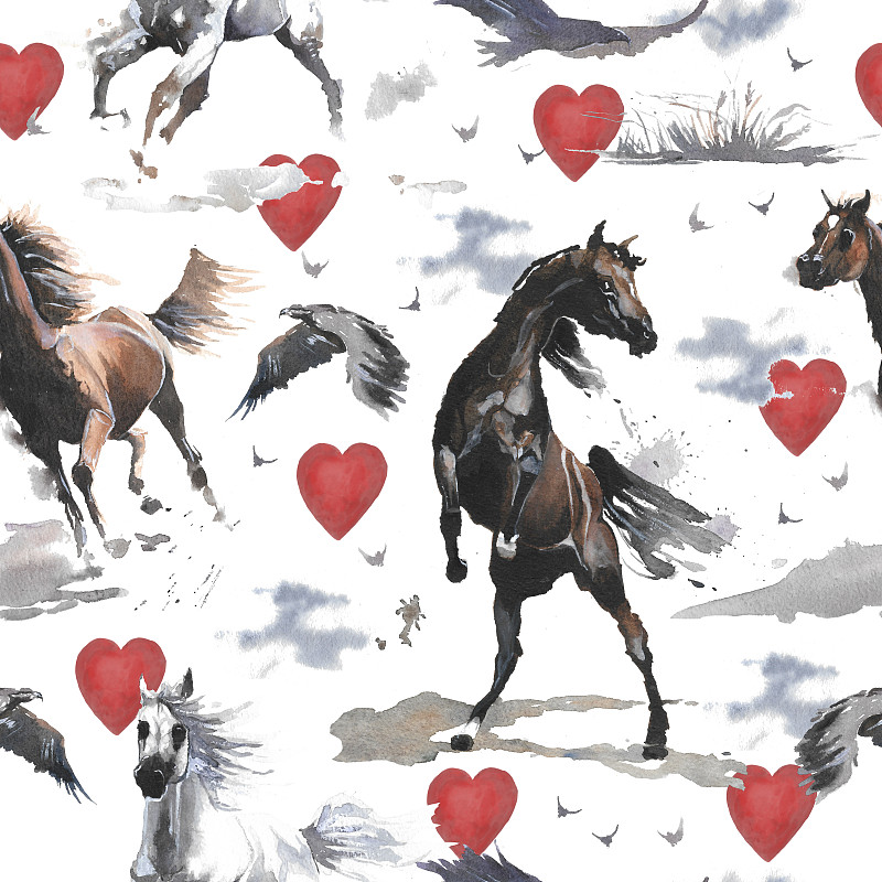 四方连续纹样,绘画插图,白色,野外动物,马,心型,褐色眼睛,白色背景,可爱的,动物主题