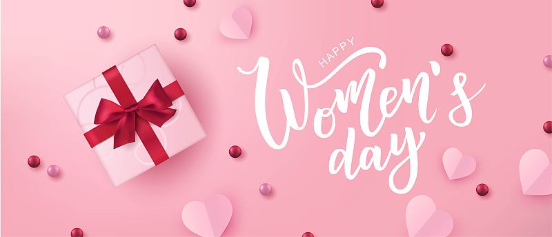 Happy,Woman’s,Day,hand,lettering,text,with,realistic,looking,pink,hearts.,Vector,illustration.,8,March,greeting,calligraphy,design.,Template,for,a,poster,,cards,,banner.