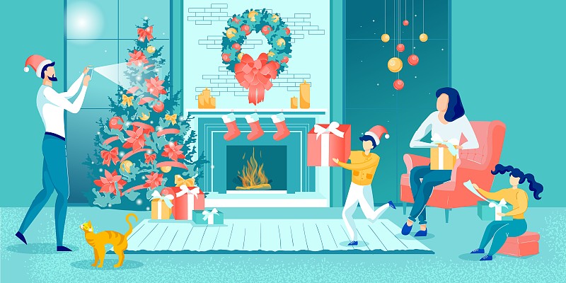 家庭,父亲,礼物,事件,小的,儿童,壁炉,圣诞树