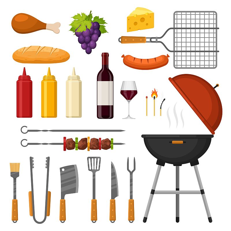 格子烤肉,葡萄酒,食品,烤肉架,设备用品,绘画插图,肉,串肉签,香肠,矢量