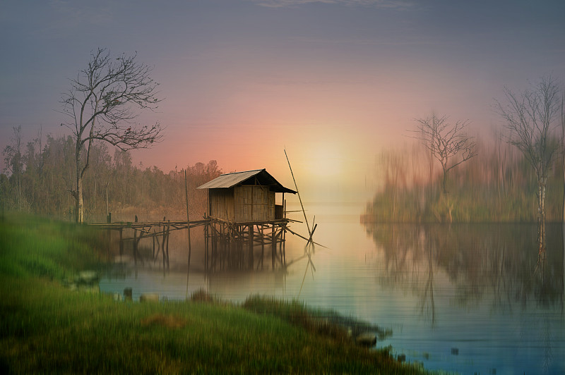 小的,房屋,雾,早晨,超现实主义的,安静,池塘,梦想,涂料,河流