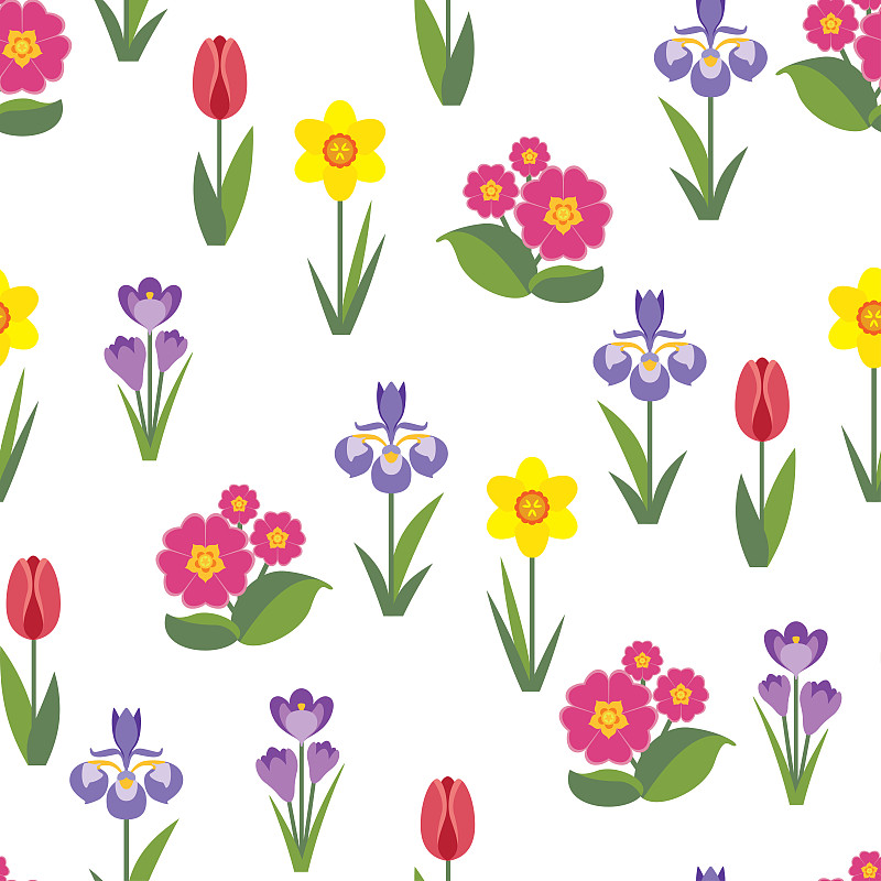 简单,郁金香,番红花属,四方连续纹样,水仙花,春天,绘画插图,平坦的,鸢尾,矢量