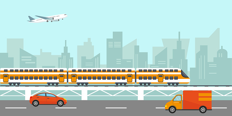 交通,天空,绘画插图,城市,火车,建筑外部,矢量,桥,乘客,城市生活