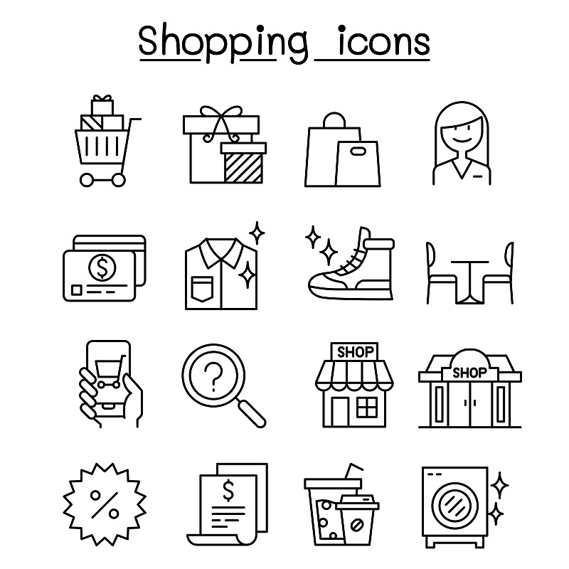 图标集,购物中心,线条,细的,高雅,概念象征,泰国,帐单,顾客,想法