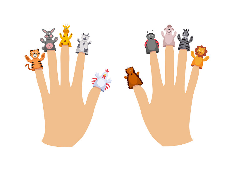 可爱的,动物主题,卡通,手,两只动物,手指木偶,斑马,背景分离,木偶,玩具