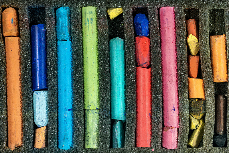 棍,盒子,古老的,彩色蜡笔,特写,部分,小学,多样,粉笔,橙色
