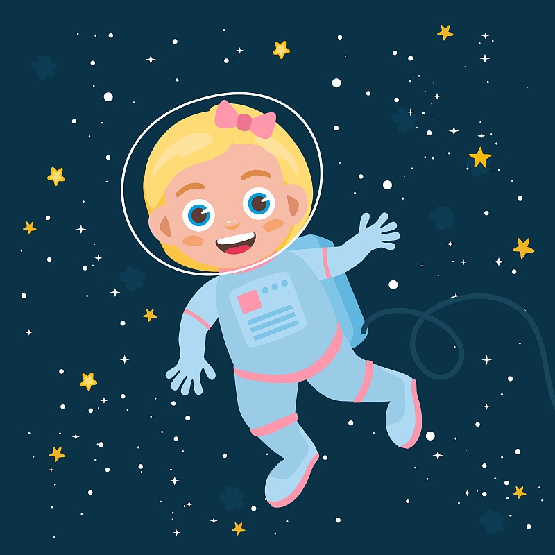 儿童,宇航员,绘画插图,女孩,太空,个性,小的,四元素,贺卡,飞