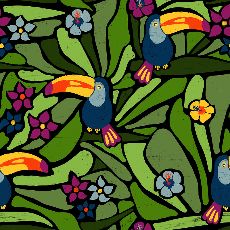 纺织品,壁纸,巨嘴鸟,鸟类,四方连续纹样,夏天,异国情调,叶子,式样,在之间