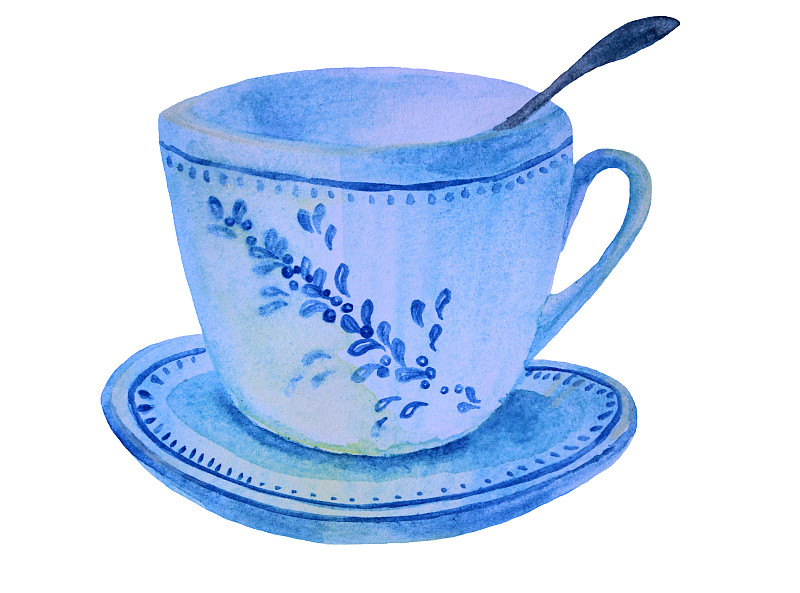 茶杯,手,蓝色,白色背景,水彩画,饮料,茶,热,菜单,水彩画颜料