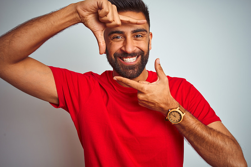 边框,红色,白色背景,概念,手,手指,印度人,创造力,t恤,男人
