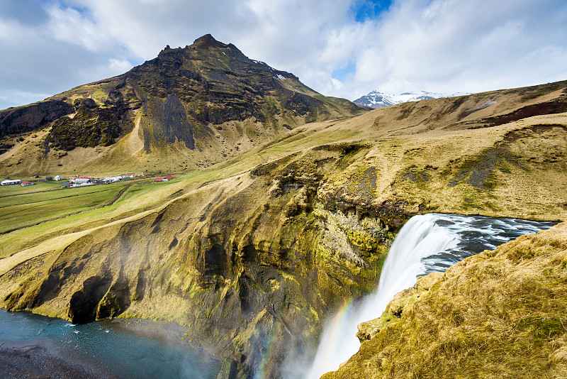 树林瀑布,冰岛国,欧洲,广角,看风景,在上面,著名自然景观,云,自然神力,冰岛中南部