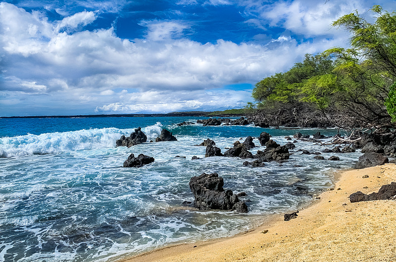 海滩,熔岩,小路,毛伊岛,夏威夷大岛,田地,热带气候,云,海岸线,波浪