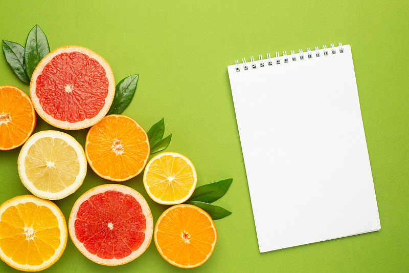 橙子,水果,笔记本,夏天,彩色图片,桔子,极简构图,柠檬,切断