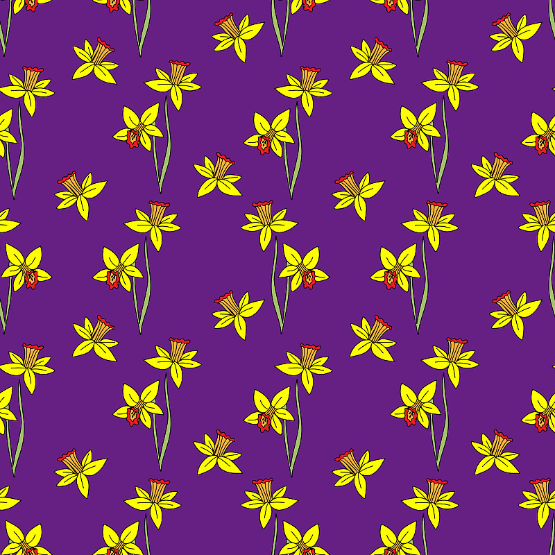 水仙花,黄色,紫色,矢量,四方连续纹样,背景,绘画插图,花束,动物手,花